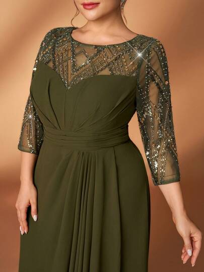 Serin Vestido de gasa con volantes en línea A, con mangas transparentes, bordados de lentejuelas y encaje, elegante y lujoso, adecuado para boda, fiesta, vacaciones, baile de graduación, madre de la novia, talla grande