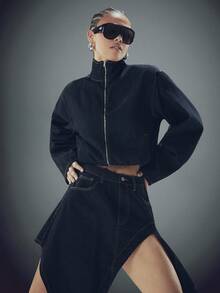 Denimoi High Neck Zip Front Barrel Sleeve Cinched Waist Denim Jacket Denim Cropped Jacket Fashion Denim - Dark Wash - View 3