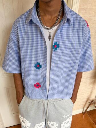 Manfinity Roghcode Men's Blue & White Plaid Embroidered Short Sleeve Shirt Summer Button Up Graphic Button Up Light Blue Graphic Shirt Blue Button Up Y2k Button Up