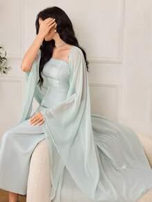 Modelyn Women's Fitted Pearl Spaghetti Strap Maxi Dress With Shawl, 2 Pieces Set Dress Modest Elegant 2 Piece SetTwo Piece Set Women Elegant - Green - View 7