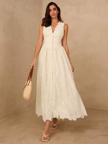 Enchnt 女士时尚优雅浪漫刺绣V领修身A字长裙，杏色 - 杏色 - 查看 3