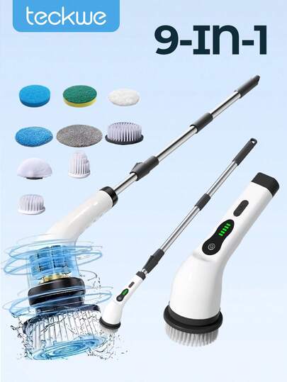 Teckwe 一套电动旋转式地板清洁器，配有9个可替换刷头，电动无线清洁刷，带可调节长柄，适用于浴室、厨房、浴缸、瓷砖、淋浴房和汽车等场所的地板清洁，清洁用品，省时省力