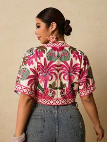 Travachic Áo croptop tay cánh dơi in họa tiết nhiệt đới cỡ lớn, thích hợp mặc đi nghỉ mát. - Hồng - Xem 2