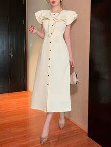 DAZY Women's Elegant Ruffled Hem Solid Color Dress, Summer Wedding Guest Dress Sundress - Beige - View 6