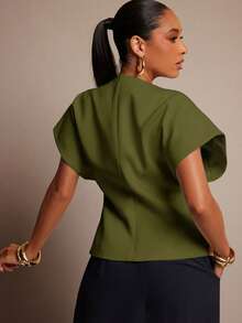 Vixey Solid Textured Woven Asymmetrical Hem Single Button Waistcoat Top - Dark Green - View 5