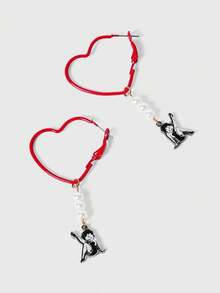 Betty Boop | ROMWE Elegant Faux Pearl Necklace And Earring Set With Cute Heart And Figure Pattern - Gun Black - View 5