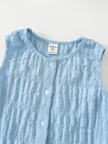 SHEIN 年轻女孩休闲街头时尚通勤装，纹理面料无袖圆领上衣和直筒裤套装 - 藍色 - 查看 5