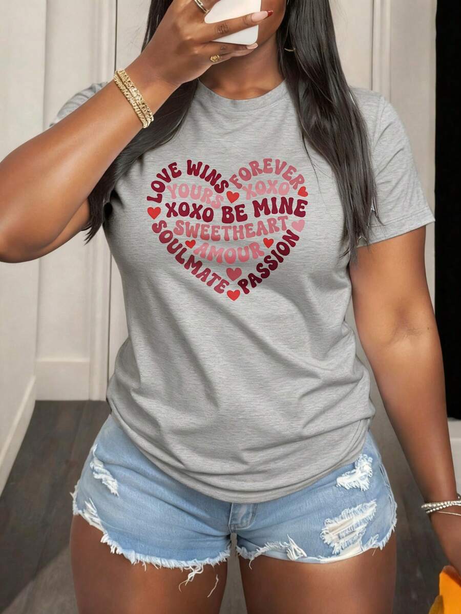 Camiseta de algodón para mujer con estampado de corazón en forma de texto amoroso y corazones rojos para San Valentín y ocasiones románticas - Gris - Ver 1