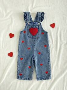 SHEIN Vintaside Kids 1pc Baby Girl Blue Denim Casual Cute Embroidered Floral Strap Denim Jumpsuit, Suitable For Outings And Parties