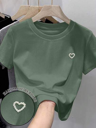 EMERY ROSE Camiseta de manga corta de cuello redondo con decoración de perlas en forma de corazón de unicolor para uso diario de mujer