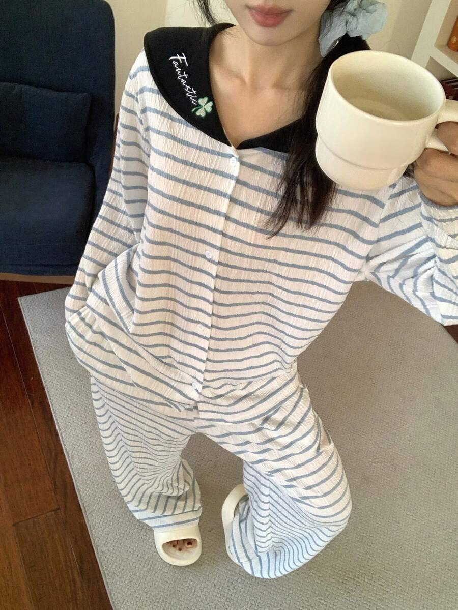 DAZY 2pcs Women Embroidered Striped Pattern Loose Cardigan Long Sleeve & Pants Pajama Set - Blue - View 1