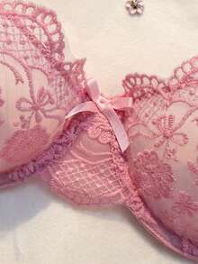 Crystal Vow 2pcs Women's Burgundy Romantic Embroidery Lace-Up Thong Lingerie Set - Pink - View 4