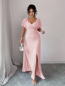 Elenzga 女士薰衣草色V领荷叶边袖腰部褶裥开衩连衣裙，优雅伴娘礼服，适合婚礼和派对穿着 - 粉色 - 查看 4