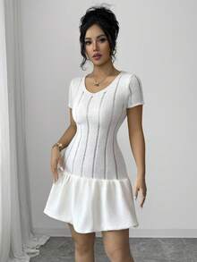 Elenzga 女士 Atmosphere 个性化镂空短袖针织连衣裙 - 杏色 - 查看 4