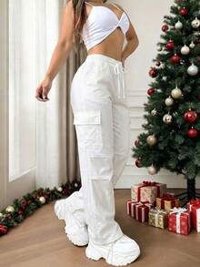 Mujer Pantalón Cargo Casual Bolsillos Grandes Tela Suave Color Liso Corte Recto Ajuste Holgado Cintura Elástica Largo Primavera Otoño Invierno Diario Pantalón - Blanco - Ver 3