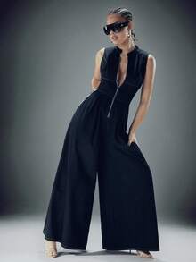 Denimoi Sleeveless Zip Front Wide Leg Denim Jumpsuit - Navy Blue - View 7