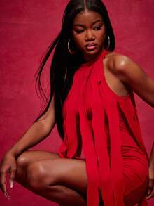 NYA SZN Dress Sleeveless Halter Neck Fringe Curly Detail Loose Fitted Bodycon Red Occasion Mini Length Outfits For Women - Burgundy - View 5