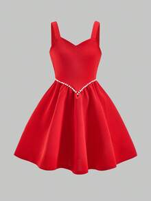 Girls' Sleeveless Fitted Dress,Red And White,Summer,Elegant,Flower Girl Formal Occasion Beaded Embellishment Long Knitted Textured Fabric For Party - Red - View 4