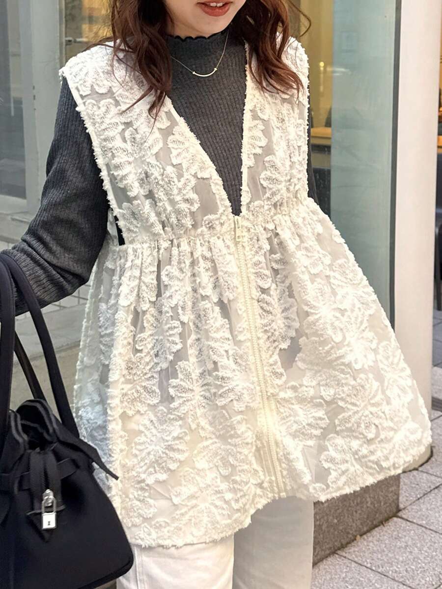FRIFUL 纯色薄纱纹理面料叠层腰部褶裥拉链宽松休闲百搭背心 - 杏色 - 查看 1
