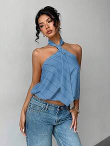 Jeanoix Blusa de mujer con estampado de rayas, con escote halter y espalda descubierta - Azul - Ver 5