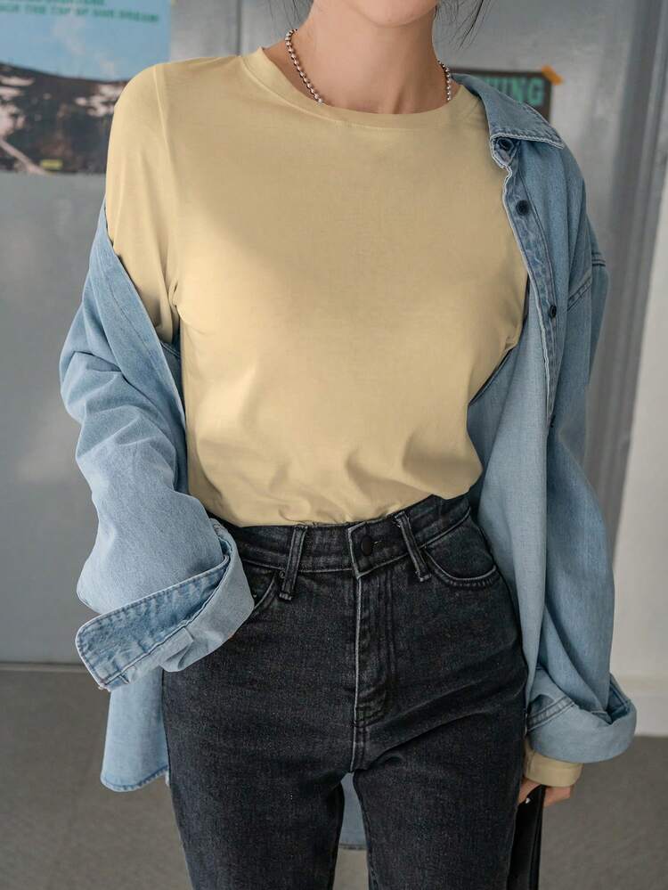 Women's Solid Color Minimalist Crew Neck Long Sleeve T-Shirt, Everyday Wear