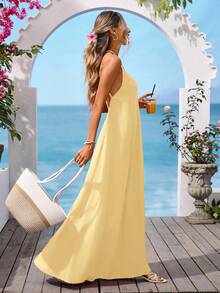 Vivid Eden V-Neck Backless Casual Textured Fabric Dress For Women, Suitable For Outing & Vacation - Light Yellow - View 3