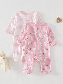 2pcs Newborn Casual Elegant Contrast Color Striped & Cartoon Rabbit Footie Pajama Set