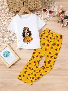 2pcs/Set Young Girls Cute Lantern Girl Pattern White Comfortable Top T-Shirt Paired With Rose Flower Yellow Flare Pants T-Shirt Suit - Multicolor - View 8