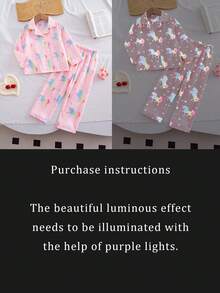 Young Girls Pajamas-2 Pieces Pajama Set This Product Requires UV Light Exposure To Glow Unicorn Pajama Set Pink Collared Long Sleeve Button Up Top With Matching Long Pants Magical Neon Horse Stars Sleepwear Loungewear Four Season Holiday 2026 Gift Essential Bedtime Favorite - Multicolor - View 6