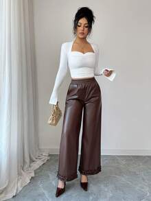 Elenzga Quần Capri ống rộng màu nâu, chất liệu da dệt, kiểu dáng thoải mái, có bèo nhún, dành cho nữ. - màu nâu - Xem 3