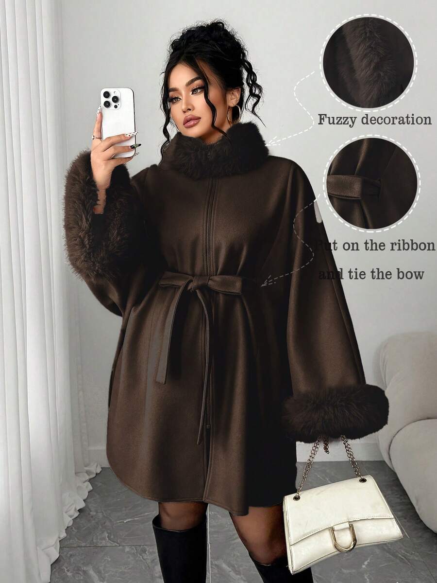 Elenzga Manteau en laine mélangée minimaliste à cordon de serrage et fermeture éclair effilochée, grande taille - Marron - Voir 1