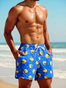 Manfinity Swimmode Men's Cartoon Duck Print Drawstring Waist Pocket Beach Shorts Duck Swim Trunks Mens Swim Trunks Funny Men S Pineapple Swim Trunks Blue Floral Swim Trunks Men Ice Cream Shorts - Royal Blue - View 6