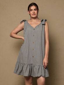 SHEIN VCAY Plus Size Women Plaid Bow Shoulder Decor Button Design Sleeveless Dress - Black and White - View 7