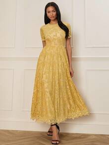 Lilora Đầm ren màu trơn thanh lịch dành cho nữ dự tiệc - Màu vàng - Xem 5