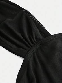 SHEIN Áo hai dây dáng ôm, cổ tròn, tay ngắn, nhún bèo, phối lưới, màu trơn, thanh lịch, thích hợp cho bé gái tuổi teen, đi học, tốt nghiệp, hoặc dự tiệc Halloween. - màu đen - Xem 4