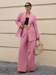EURMUSE Women's Solid Color Notched Collar Single-Breasted Long Sleeve Jacket And Wide-Leg Pants Casual Business Suit Set - Dusty Pink - View 1