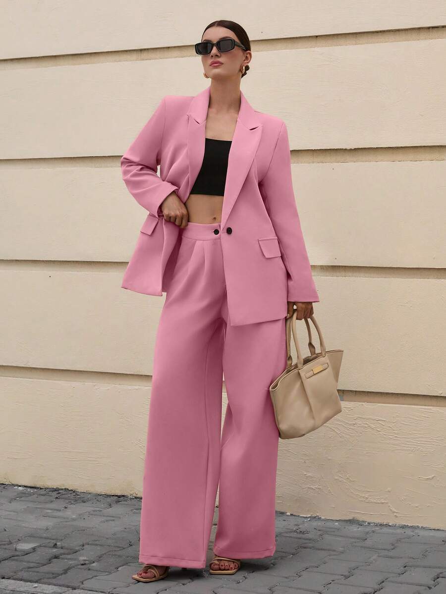 EURMUSE Women's Solid Color Notched Collar Single-Breasted Long Sleeve Jacket And Wide-Leg Pants Casual Business Suit Set - Dusty Pink - View 1