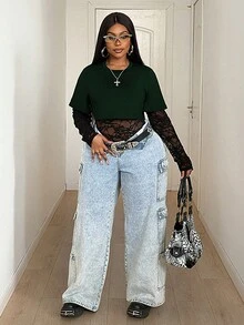 Maweii Modischer, sexy Spitzen-Patchwork-Bodysuit in Große Größen - Dunkelgrün - Übersicht 2