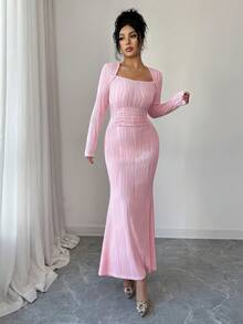 Elenzga Váy đuôi cá bó sát màu hồng họa tiết cổ vuông thời trang xuân hè, co giãn thoải mái, phong cách Pháp lãng mạn, thanh lịch, đa năng, phù hợp mặc đi làm, hẹn hò, thường ngày - Hồng - Xem 3