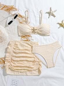 Ensemble de bikini à bretelles fines avec jupe, décor métallique en forme d'étoile de mer, couleur unie, pour les jeunes filles en été - Nude - Voir 4