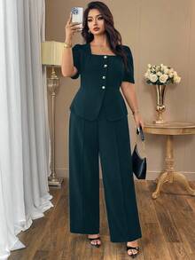 Auvina Plus Size Women's Casual Elegant Square Collar Pure Black Chic Commuting Shirt Jacket + Waist Cinched Design Loose Long Straight Leg Pants Fashion Casual Suit, High-End Wide Leg Pants - Green - View 4
