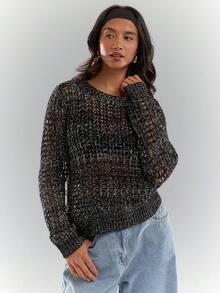 Glamine Women's Black Round Neck Long Sleeve Hollow Mesh Tops,Asymmetric Hem Knit Sweater For Blackness,Autumn,Casual,Night Out,Spring/Winter Layering - Black and White - View 3