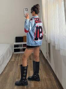 StreetHx 女士字母印花长袖单排扣休闲宽松牛仔外套 - 藍色 - 查看 6