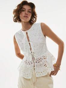 Poéselle Women's Hollow Embroidery Front Tie Ruffle Hem Fashionable Camisole,White Eyelet Embroidered Lace-Up Tank - Sleeveless Cotton Summer Top With Scalloped Hem,Summer Boho Blouses,French Style Blouses - White - View 1