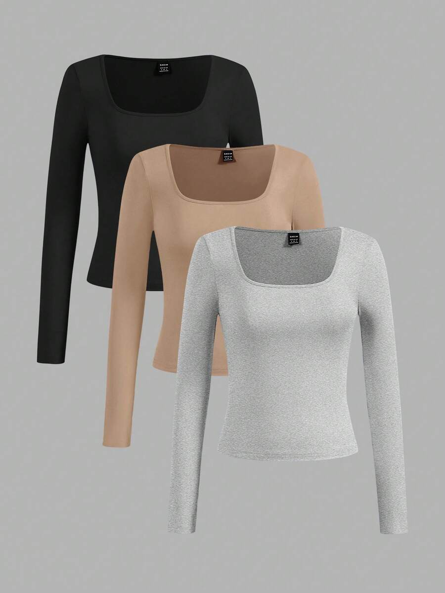 SHEIN EZwear 3件套修身长袖休闲T恤,女士款,适合夏季和秋季穿着 - 彩色 - 查看 1