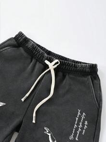 ROMWE MEN Street Life Men's Casual Cupid Angel Slogan Print Washed Drawstring Waist Loose Shorts, Fashionable Street Style For Summer - Black - View 3