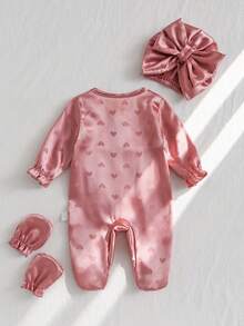 3pcs Newborn Soft & Smooth Woven Fabric Set, Pink Cute Heart Print, Decorated With Delicate Bow At Collar & Leg Openings, Long Sleeve Footed Romper, Bow Decor Hat And Mittens - Pink - View 2