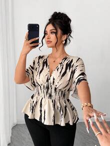 SHEIN Elenzya 大码女式V领插肩袖休闲衬衫，适合外出、聚会和通勤 - 彩色 - 查看 3