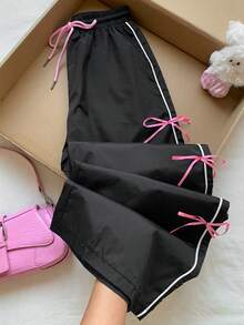 SHEIN EZwear Quần Nữ Có Trang Trí Nơ - màu đen - Xem 3