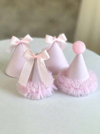 1件可爱生日派对帽蝴蝶结蕾丝粉色派对装饰拍照道具